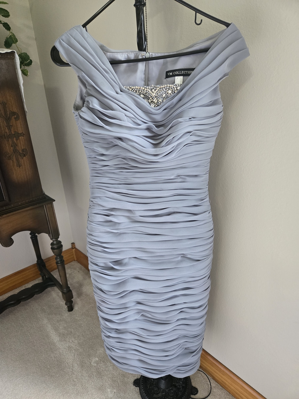 JM Collection Grey Ruched Off-Shoulder Midi Dress with Beaded  Detail